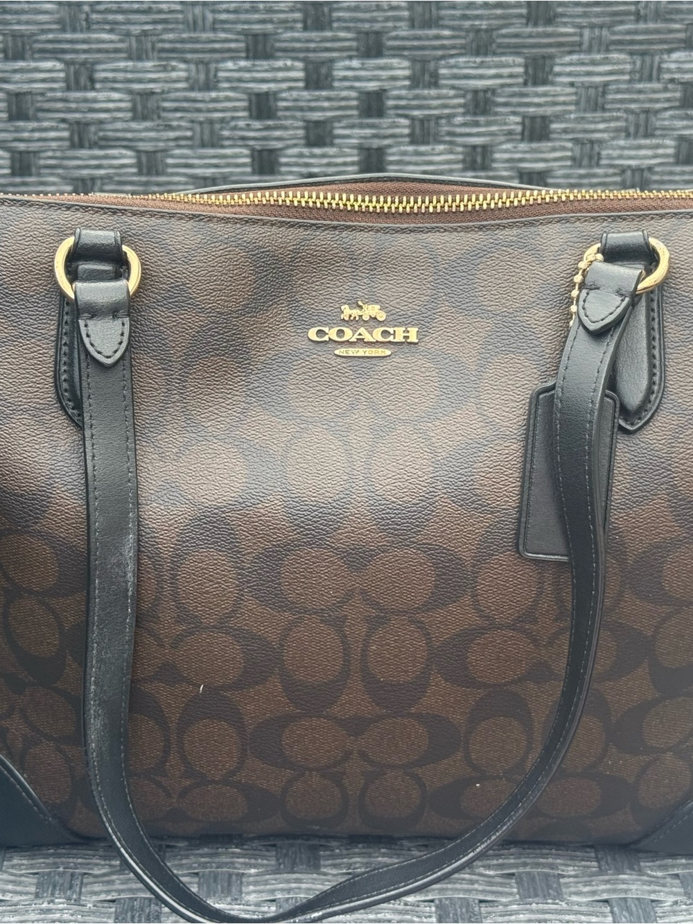 Coach Brown Monogram Tote with Black Trim and Gold Hardware